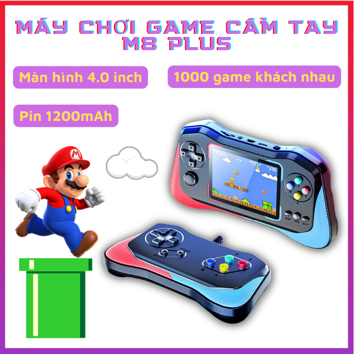 Máy chơi game cầm tay M8 Plus - Có tay cầm - Màn hình HD siêu nét - Pin 1200mAh - Tặng kèm dây AV kết nối TV - Bảo hành 12 tháng