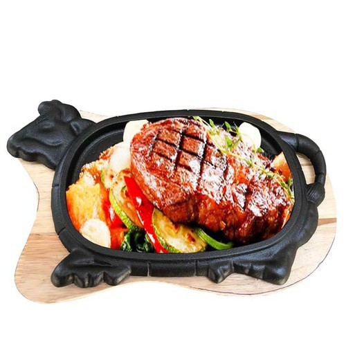 Chảo Gang Làm Bò Né Chống Dính Kèm Đế Gỗ Loại Dày Thương Hiệu Dragon