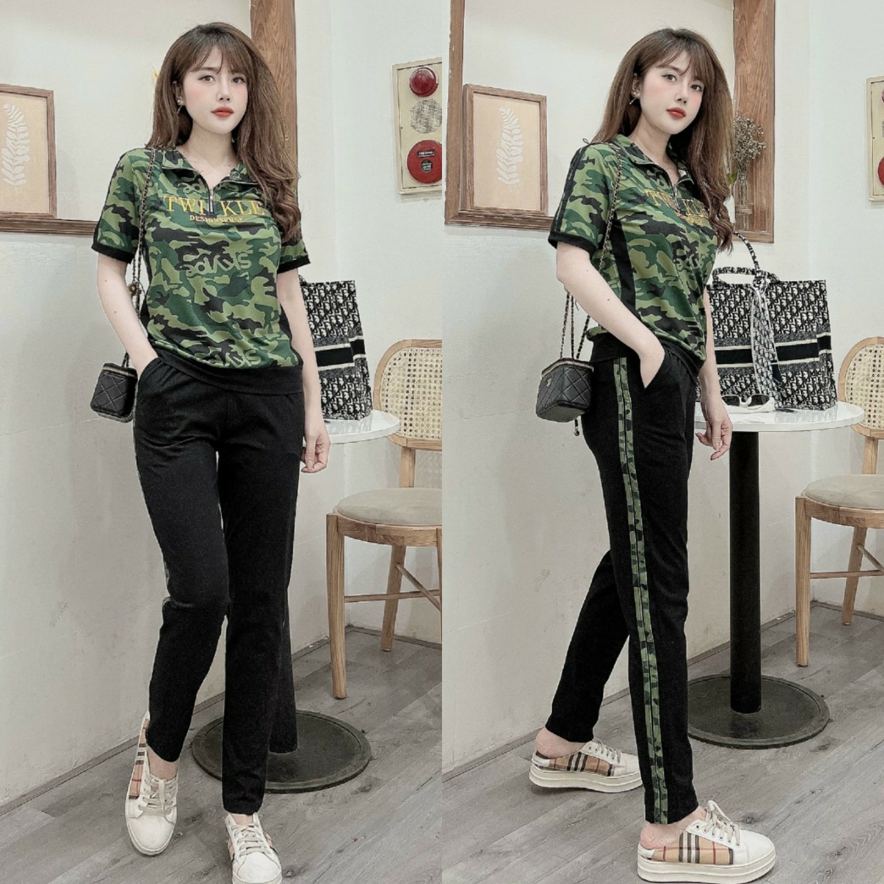 Đồ bộ thun lính cổ trụ khóa kéo
