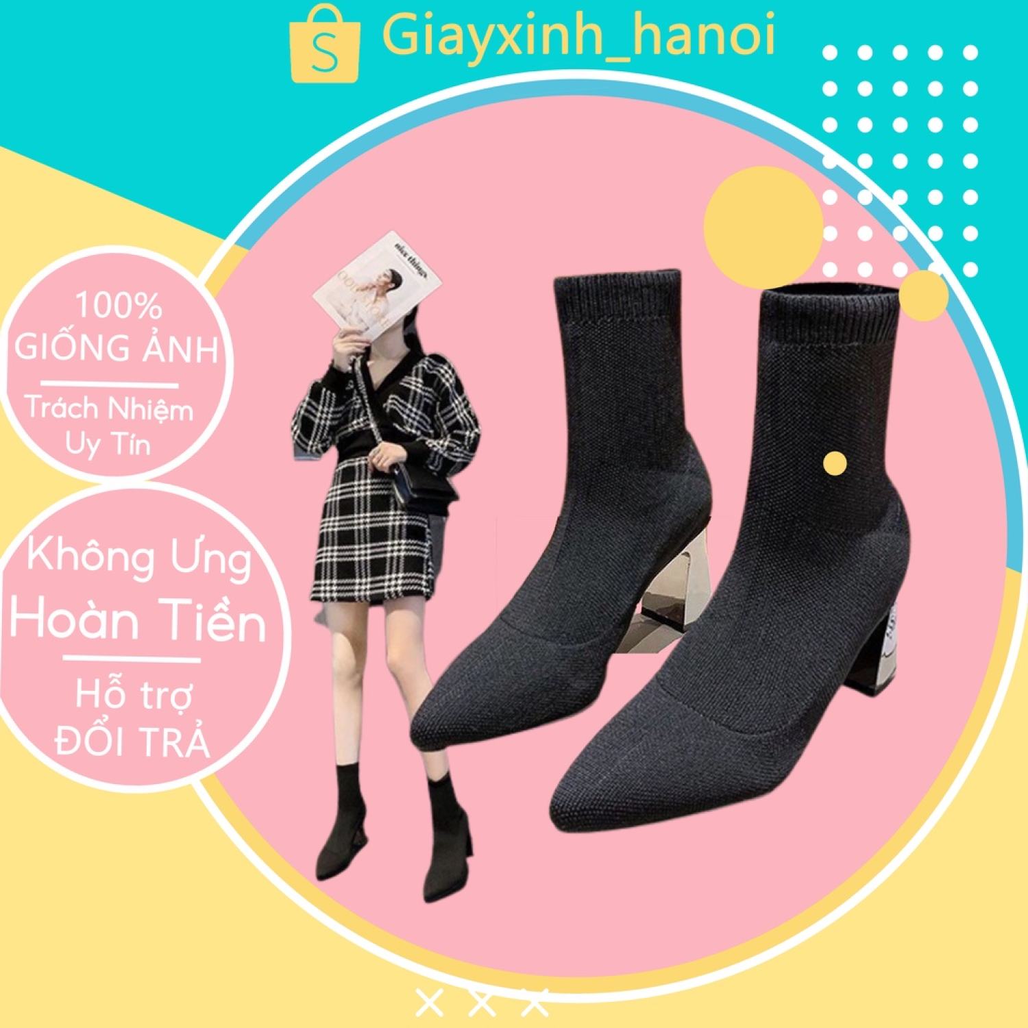 Giày bốt len nữ cao cổ tráng gương cao cấp - boot nữ cổ chun loại sịn gót cao 7cm siêu hot