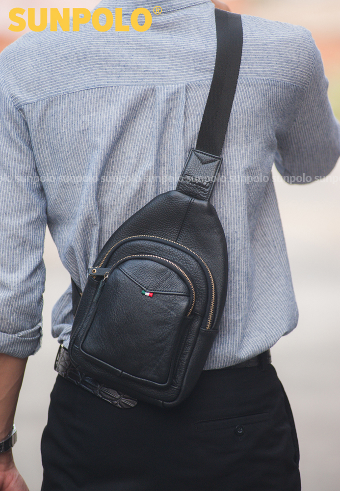 Balo, Túi đeo chéo nam da thật nhỏ gọn nhiều ngăn SUNPOLO STU102 (Đen)