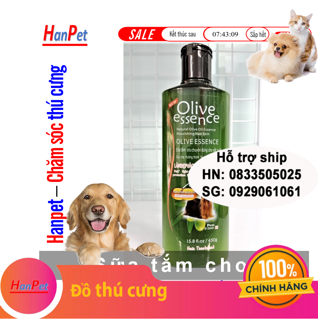 Hanpet - Sữa tắm chó tinh dầu ô liu Sữa tắm OLIVE - 450ml loại Làm đẹp và Chống rụng lông- Dầu tắm chó mèo- HP10783TC