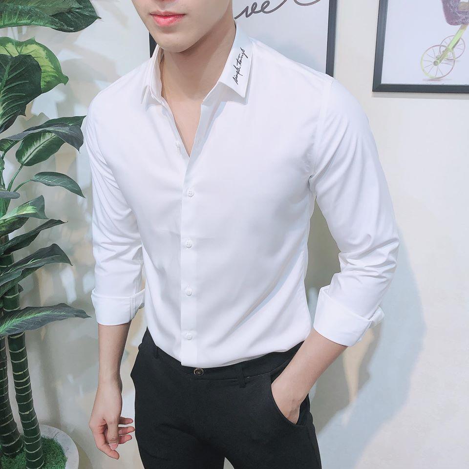 Áo Sơ Mi Nam Tay Dài Hàn Quốc Họa Tiết Chữ Ký Thanh Lịch Thời Trang Poniva
