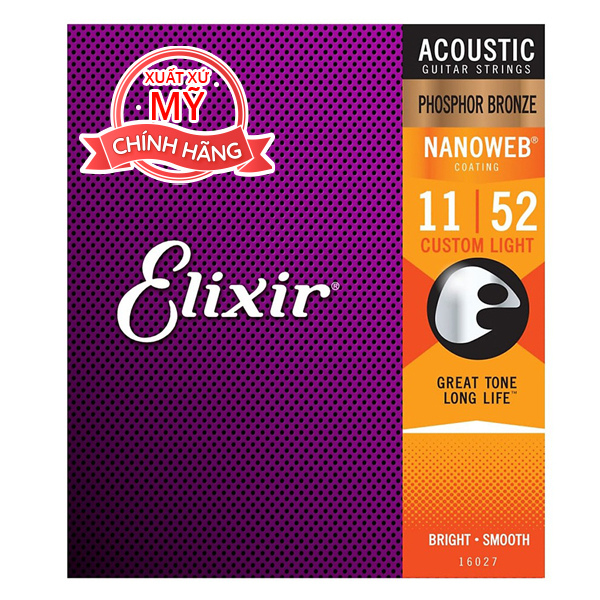 (Chính hãng USA) Dây đàn Elixir Nanoweb Phosphor Bronze Acoustic Guitar Strings 11-52 16027