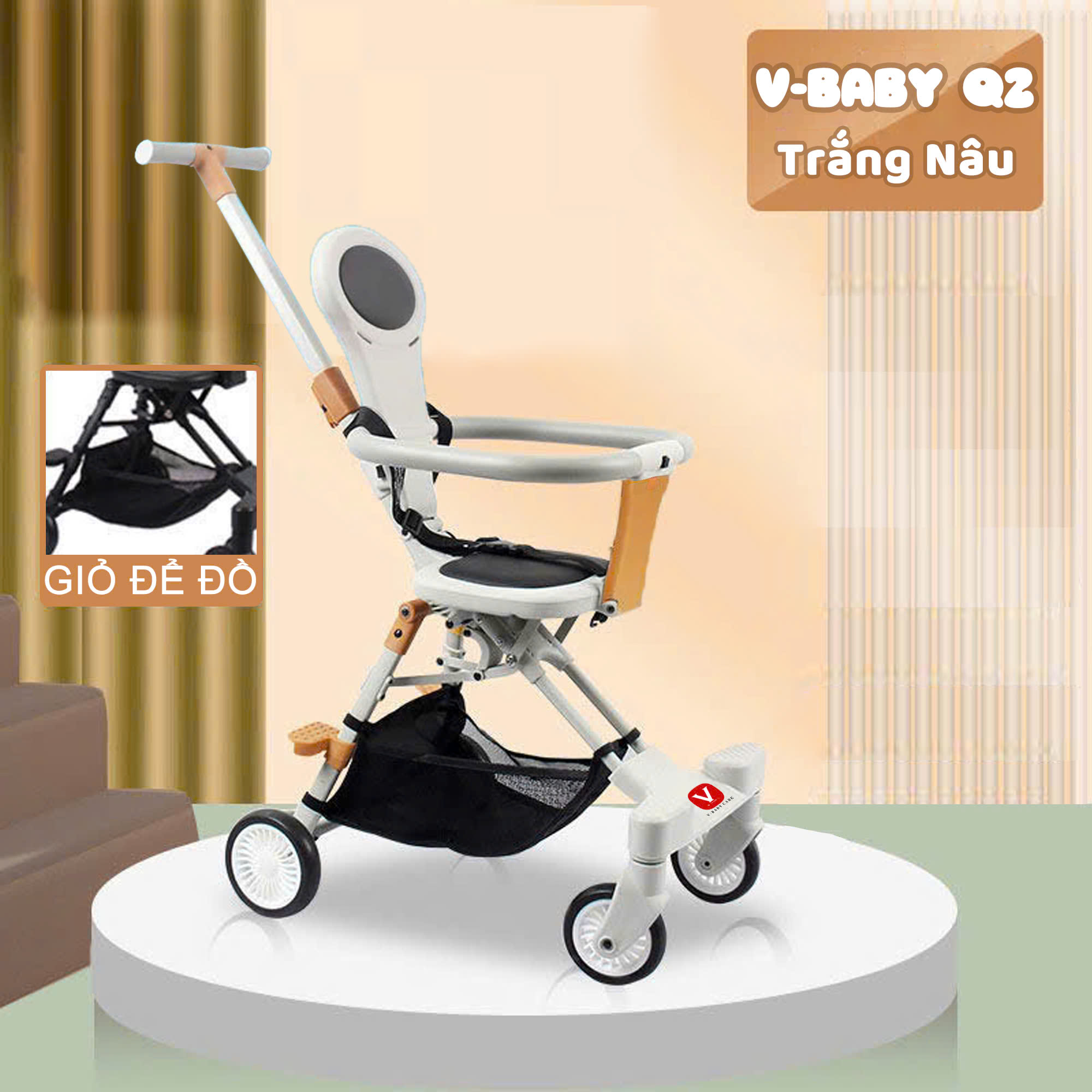 XE ĐẨY ĐẢO CHIỀU GẤP SIÊU GỌN V-BABY Q2 CÓ ĐAI AN TOÀN