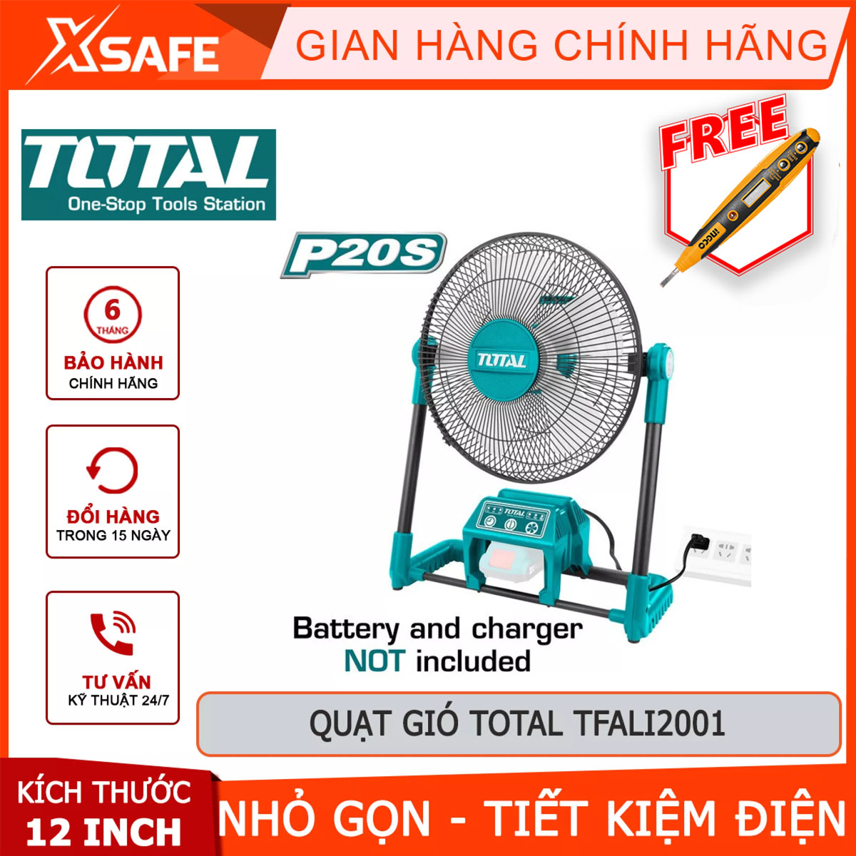 Quạt máy dùng pin Total TFALI2001 thân quạt mini pin: 20V, bộ đổi nguồn AC, Kích thước: 12 inch gió thổi mạnh, tiết kiệm pin, sạc nhanh, ít hao điện
