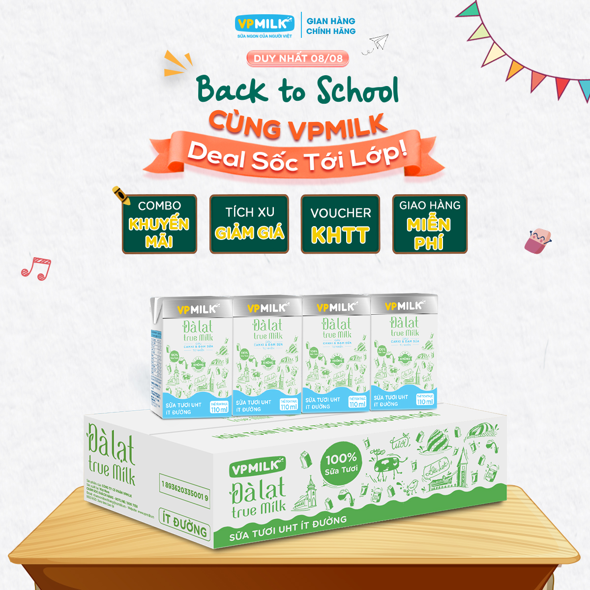 [Thùng 48 hộp 110ml] Sữa Tươi Nguyên Chất UHT Đà Lạt True Milk Ít Đường