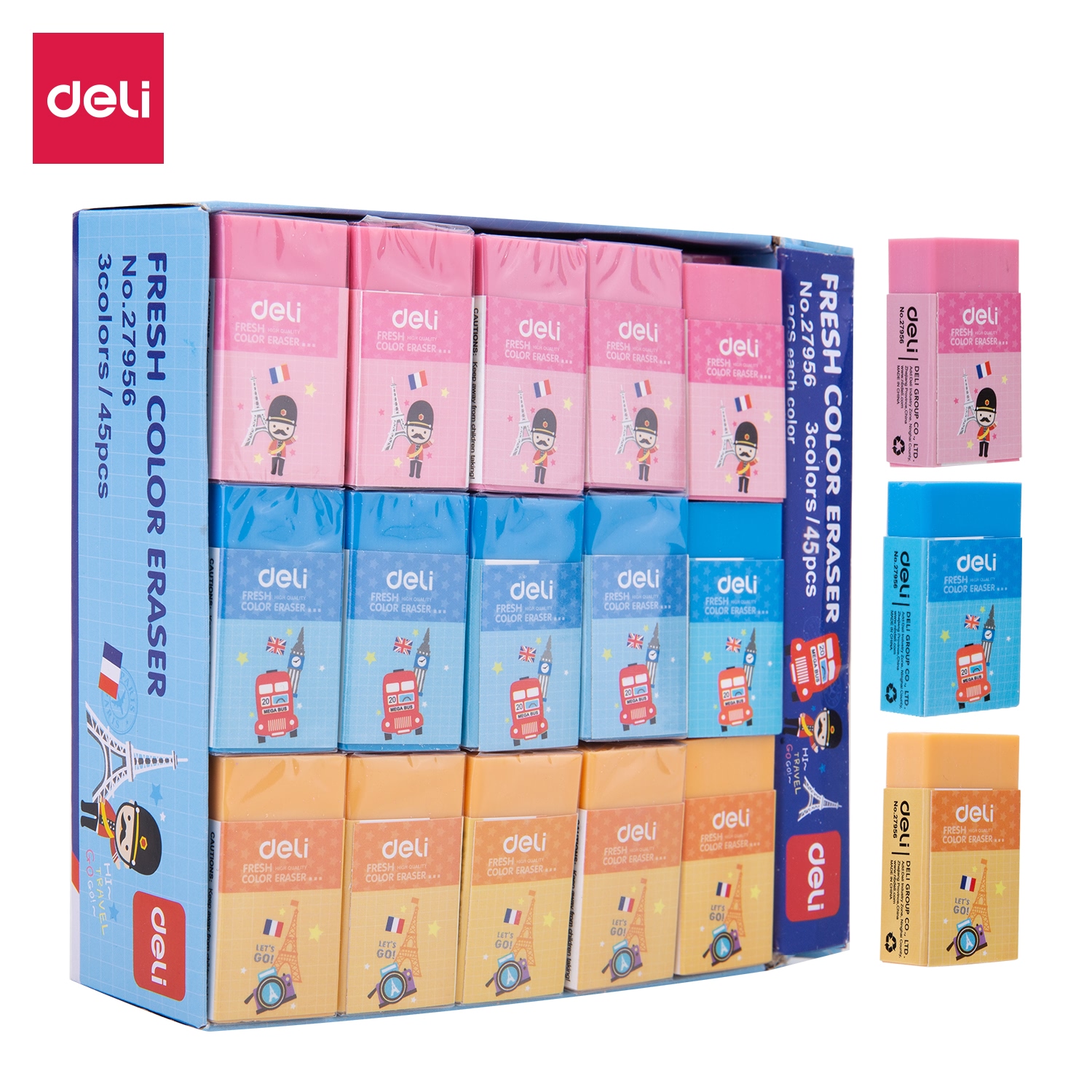 Tẩy Hình vẽ hoạt hình Deli - Hồng / cam / xanh dương - Hộp 30/45 chiếc - W27956 / W27950