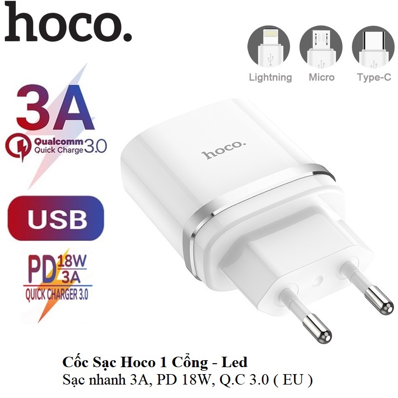 Củ Sạc Nhanh 3A HOCO C12Q DÒNG QC3.0/18W SẠC FULL IPHONE, IPAD, ANDROID
