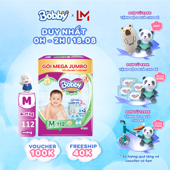 Tã/bỉm quần Bobby 3mm Mega Jumbo Gạo non M112