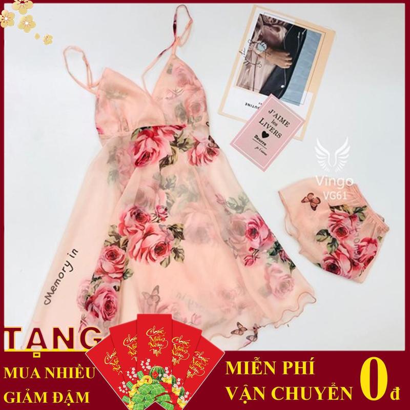 Nơi bán Quần áo nữ Áo & đầm hai dây Váy ngủ lụa voan hai dây Vingo cổ khoét chữ V họa tiết hoa lá kèm quần trong nhiều màu VG61 đặc biệt tặng kèm dây cột tóc