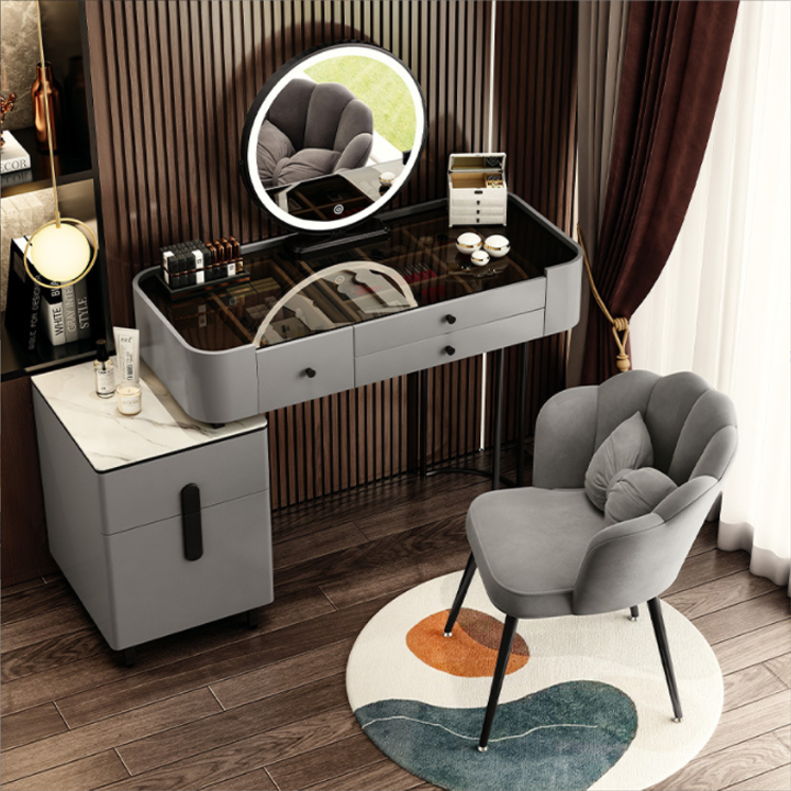 Bộ bàn ghế trang điểm phong cách Bắc Âu gương led, hai ngăn kéo kèm tủ để đồ kích thước 100 cm- Bộ bàn ghế decor phòng ngủ sang trọng