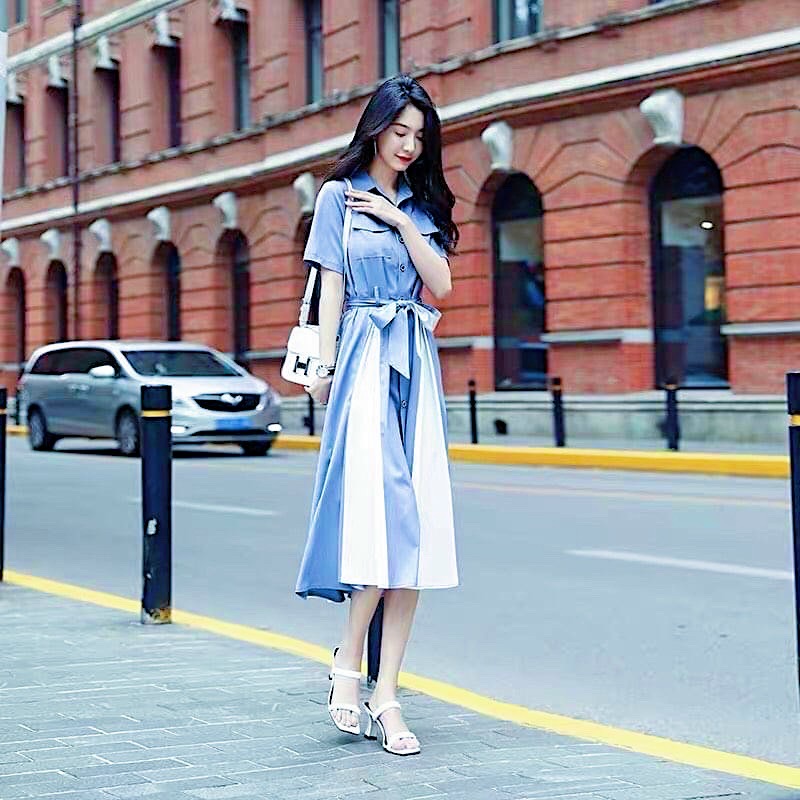 Đầm xanh biển phối trắng