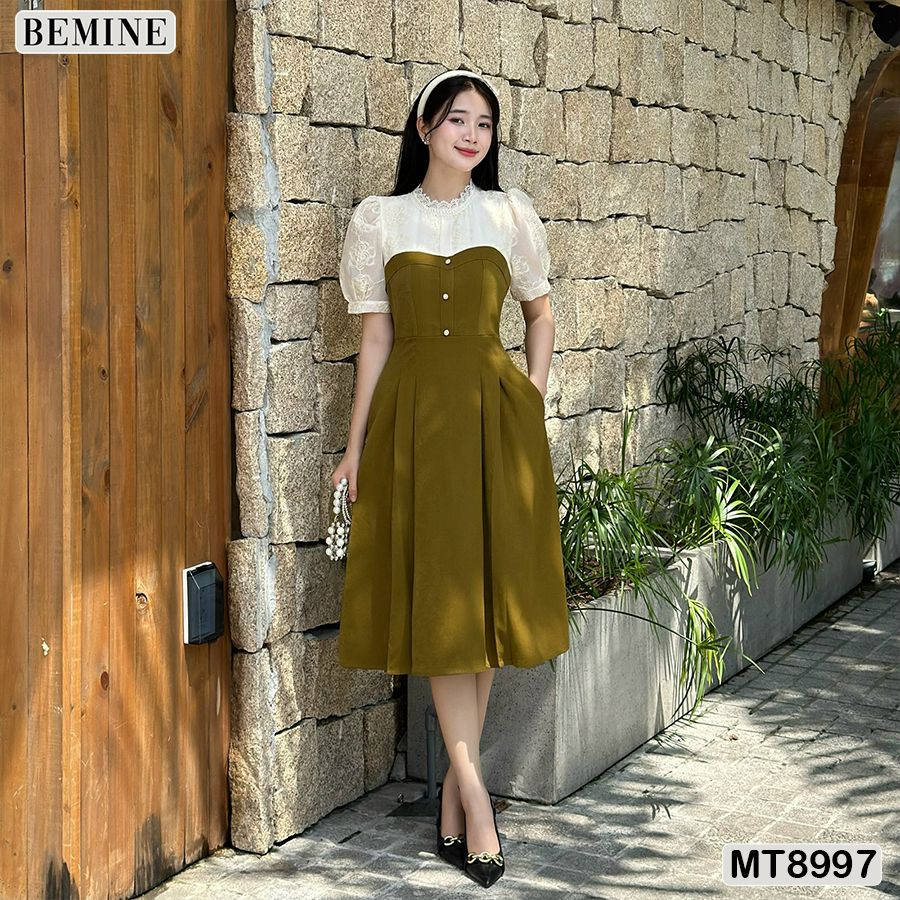 Đầm thiết kế cổ phối ren đính nút dáng xoè bemine mt8997