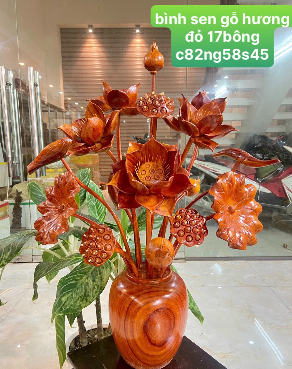 Bình Hoa Sen gỗ Hương nhập khẩu 17 Cành đồ trang trí , đồ thờ cúng