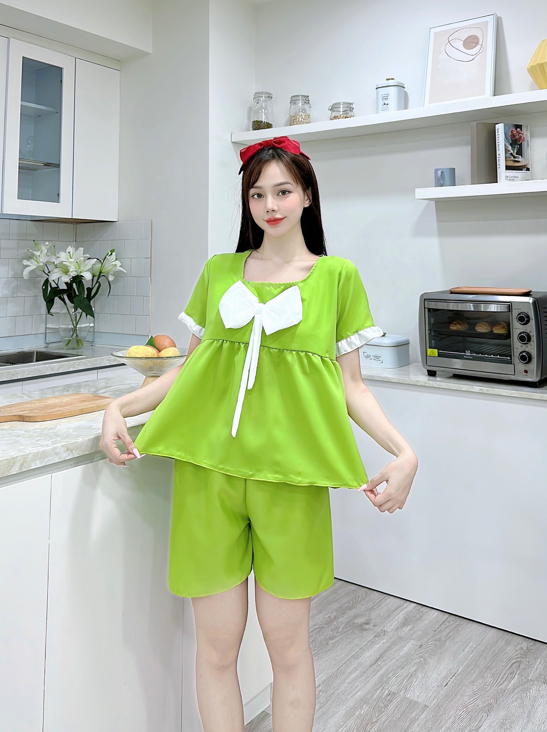 Set bộ đùi nơ phối bèo lụa hàn mềm mịn thoáng mát freesize dưới 60kg,set bộ đùi lụa hàn