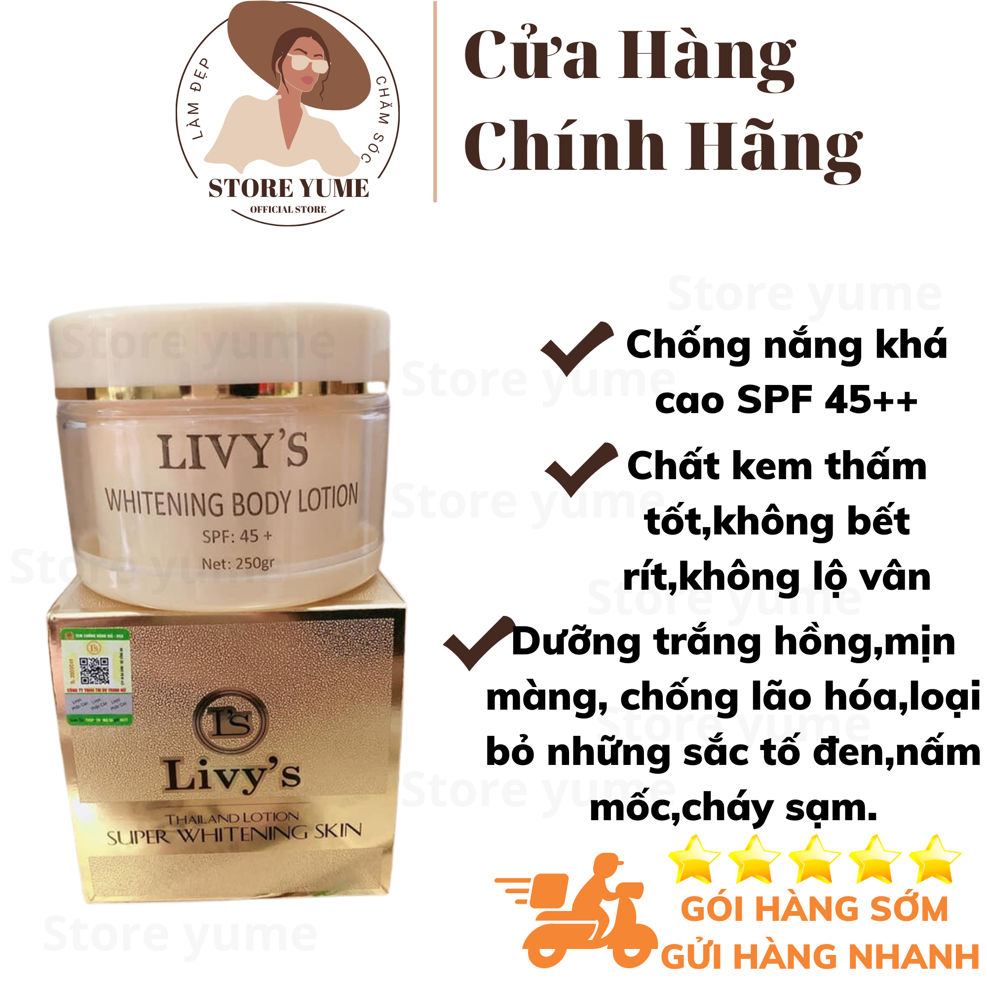 Kem body livy vàng kem dưỡng trắng body livy's hàng chuẩn thái lan có chống nắng spf 45++.
