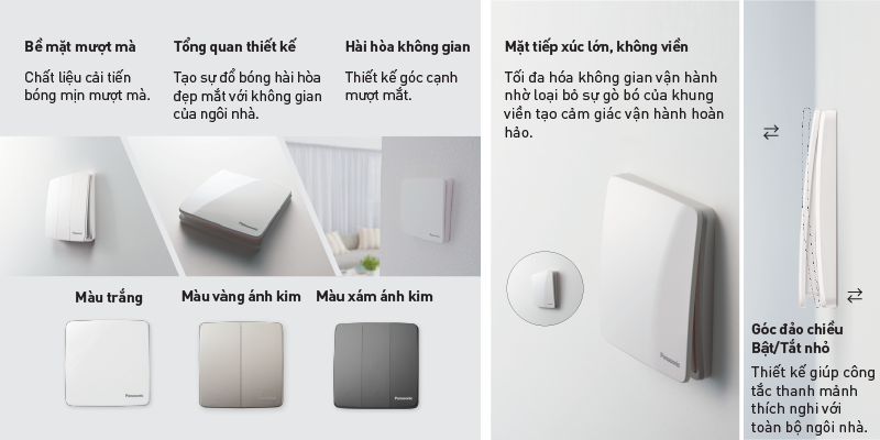 Bộ 2 công tắc 1 chiều Minerva Panasonic chính hãng (trắng - vàng ánh kim - xám ánh kim)