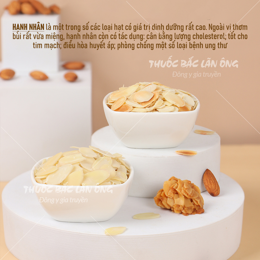 Nhân hạnh nhân thái lát 500g (Hạnh nhân sống, nguyên liệu làm bánh) - Thuốc Bắc Lãn Ông