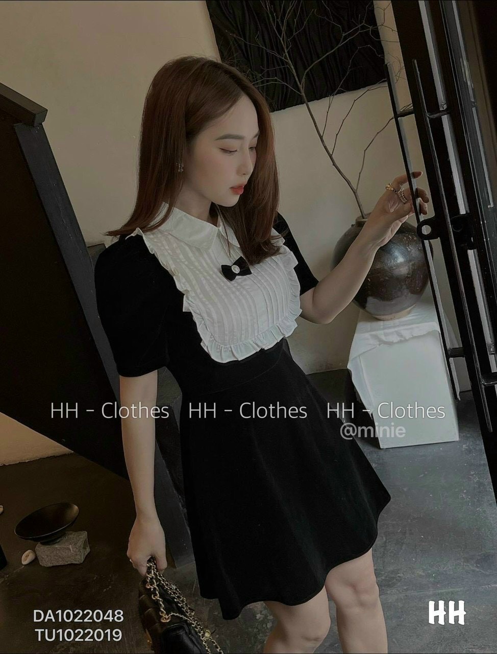 Đầm phối cổ bèo dập ly đính nơ
