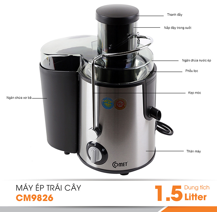 Máy ép trái cây 1.5 lít Comet CM9826 -Máy Ép Chậm Trái Cây Công suất 450W - Bảo hành 12 tháng - Hàng chính hãng