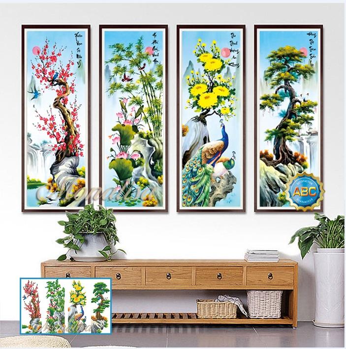 Tranh đính đá Tứ quý Xuân hạ thu đông Kt 136*90cm, Tranh đính đá Tứ quý, Tranh đính đá Xuân hạ thu đông