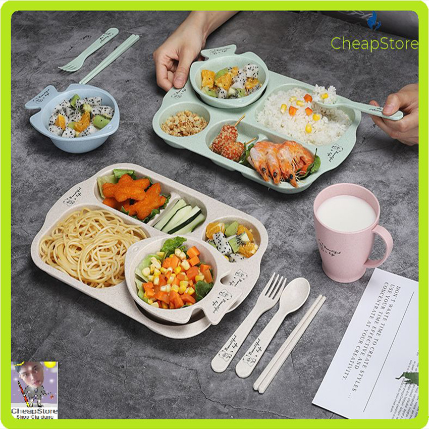 Bộ Khay ăn dặm lúa mạch hình cá, Bát ăn dặm lúa mạch 6 món,  Dĩa Chén tập ăn cho bé  ( Khay, Ly, Bát, Thìa, Nĩa, Đũa )