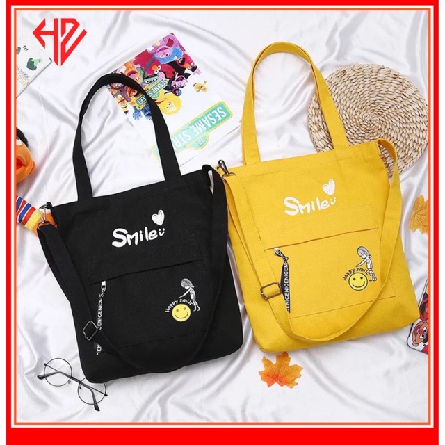 Túi ToTe đeo chéo và đeo vai thời trang kiểu mới chữ HAPPY SMILE of KITI SHOP 01 HOT có khóa kéo vừa A4