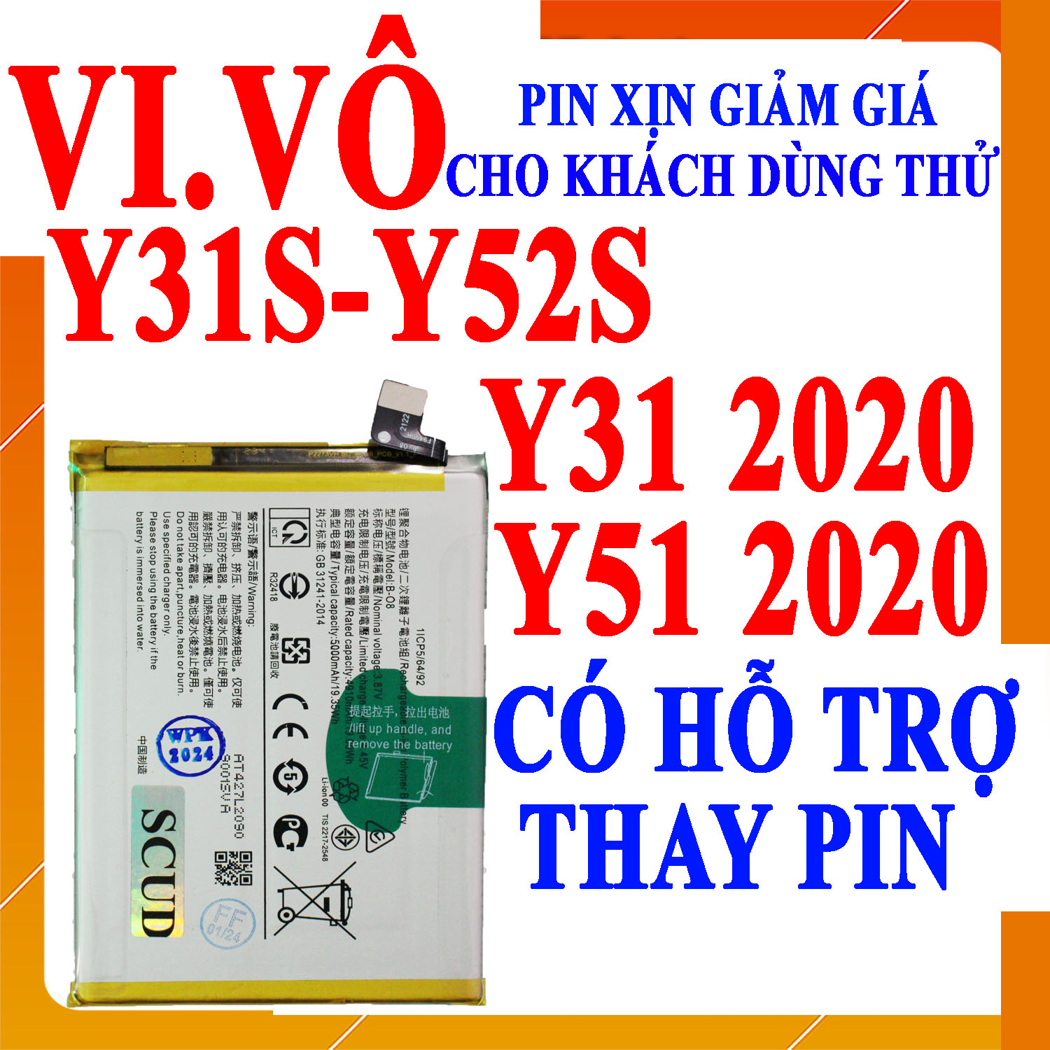 Pin scud cho vivo y51 2020/vivo y31 2020/vivo y52s/vivo y31s b-o8 b-08 dung lượng 5000mah