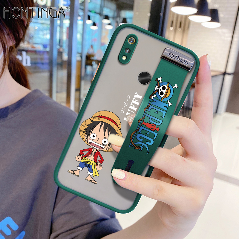 (With Wristband) Hontinga Casing Case For Realme 3 Realme 3 Pro Case Shockproof Frosted Cartoon Anime Case Luffy Transparent Phone Casing Full Back Cover Lens Camera Protector Cases Hard Case For Boys