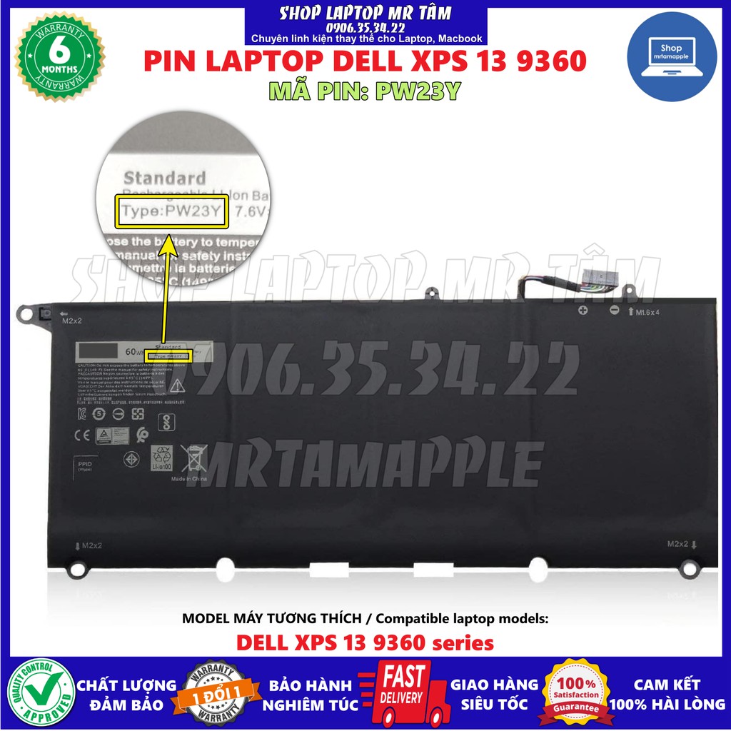 BATTERY LAPTOP DELL XPS 13 9360 60WH (ZIN) - 6 CELL Fit for XPS 13 9360, TP1GT RNP72 0RNP72