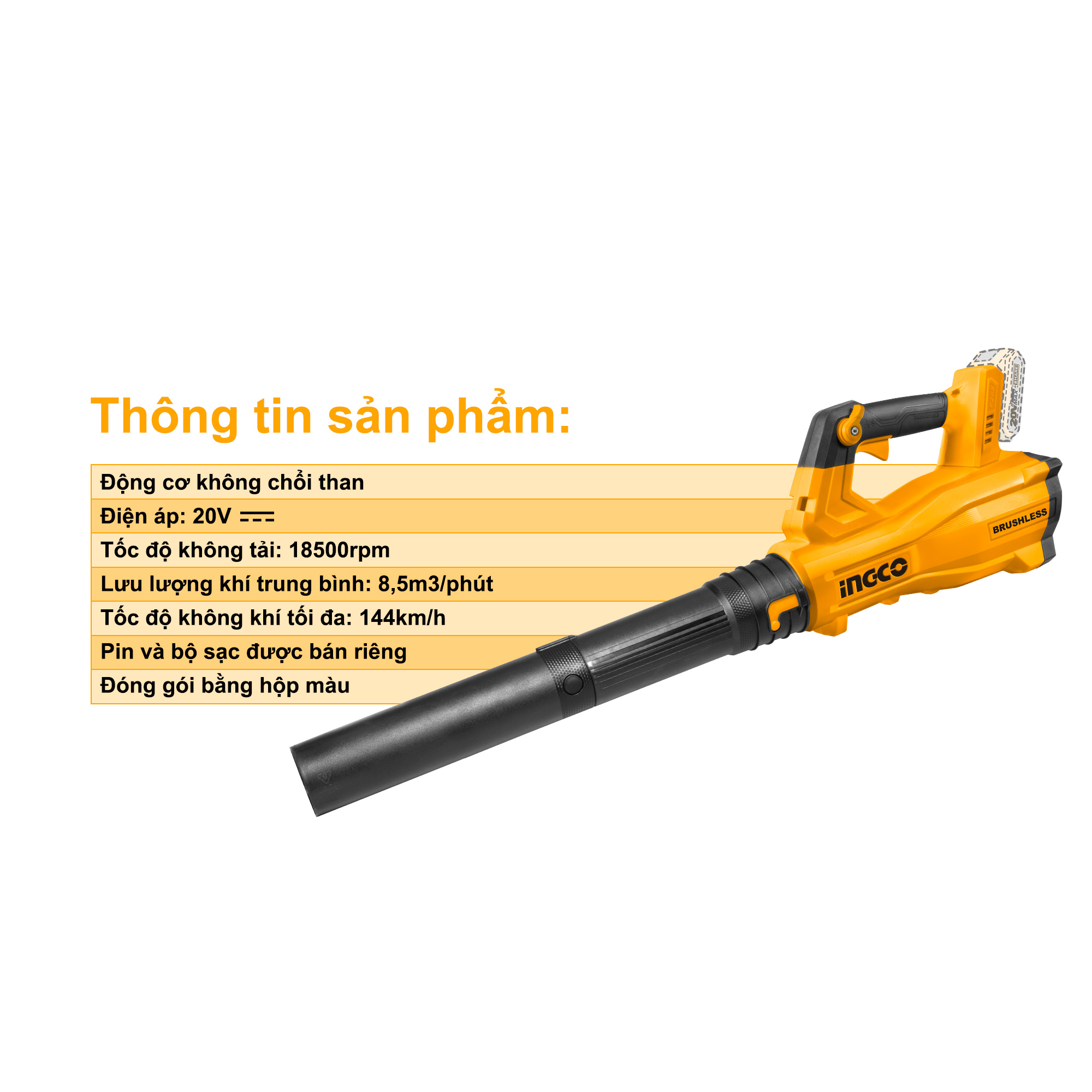 Máy thổi bụi / thổi lá Motor không chổi than INGCO CABLI20428 ( không kèm pin và sạc )
