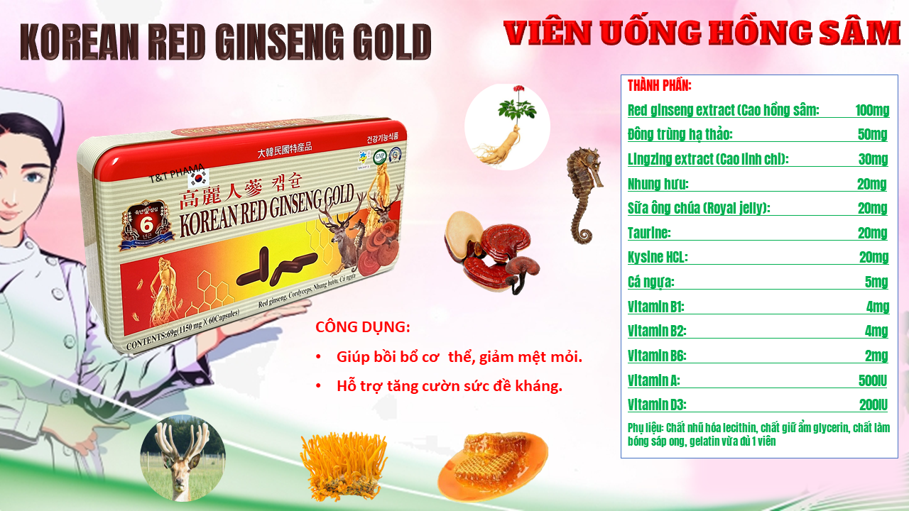 viên đạm hồng sâm nhung hươu linh chi hàn quốc - korean red ginseng gold 3