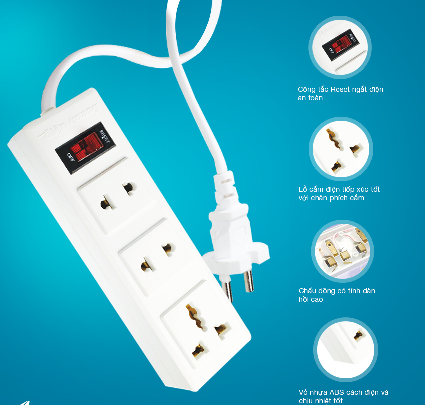 Ổ cắm ĐIỆN QUANG ĐQ 003A-04 6 lỗ 3 chấu 2 Mét
