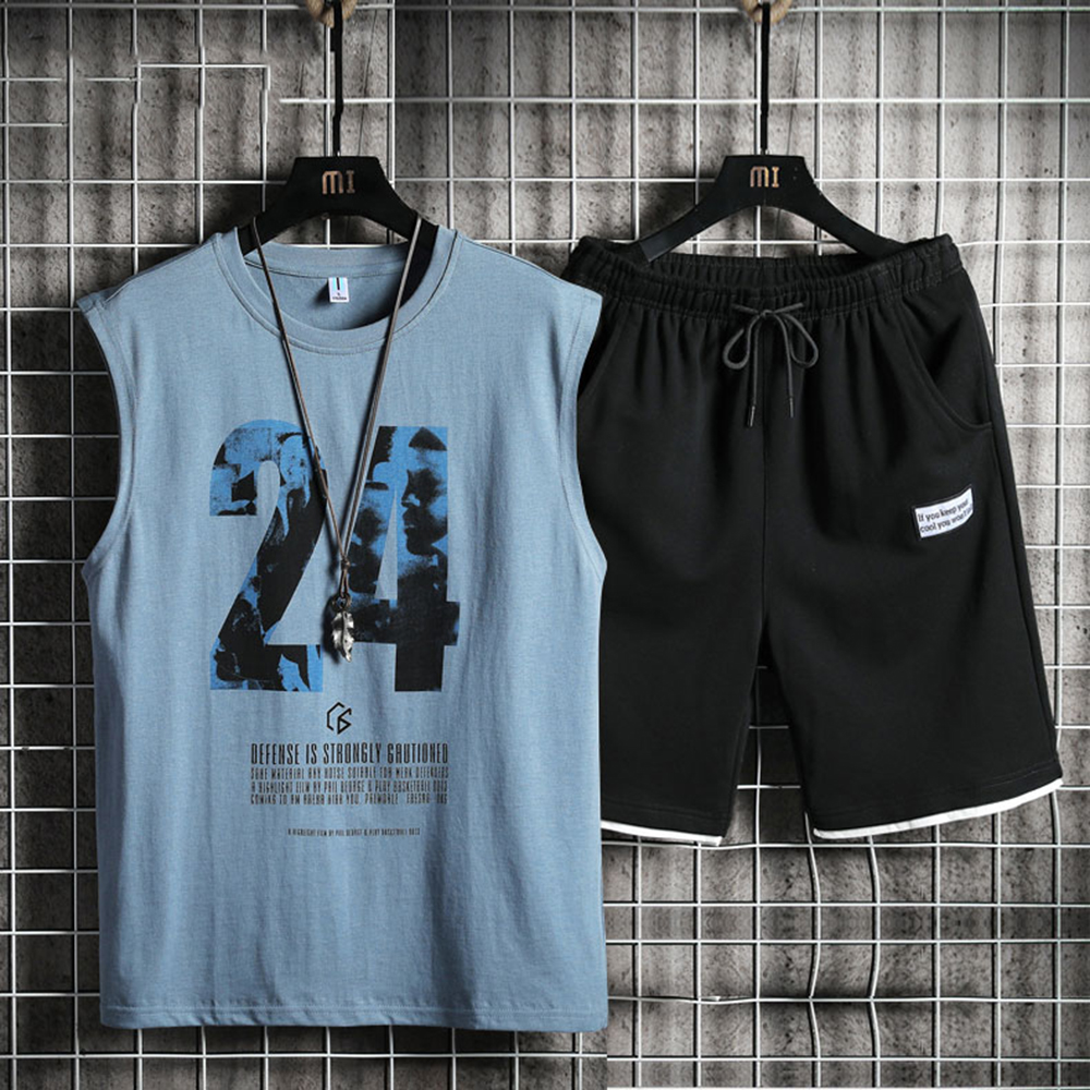 Bộ Quần Áo Thun Nam Mùa Hè Áo Thun Ba Lỗ Sát Nách In Số 24 Kết Hợp Quần Shorts Đùi Lưng Chun Có Túi Mẫu Trơn Basic FASHION4MENHCM SET NAM 90000160C10