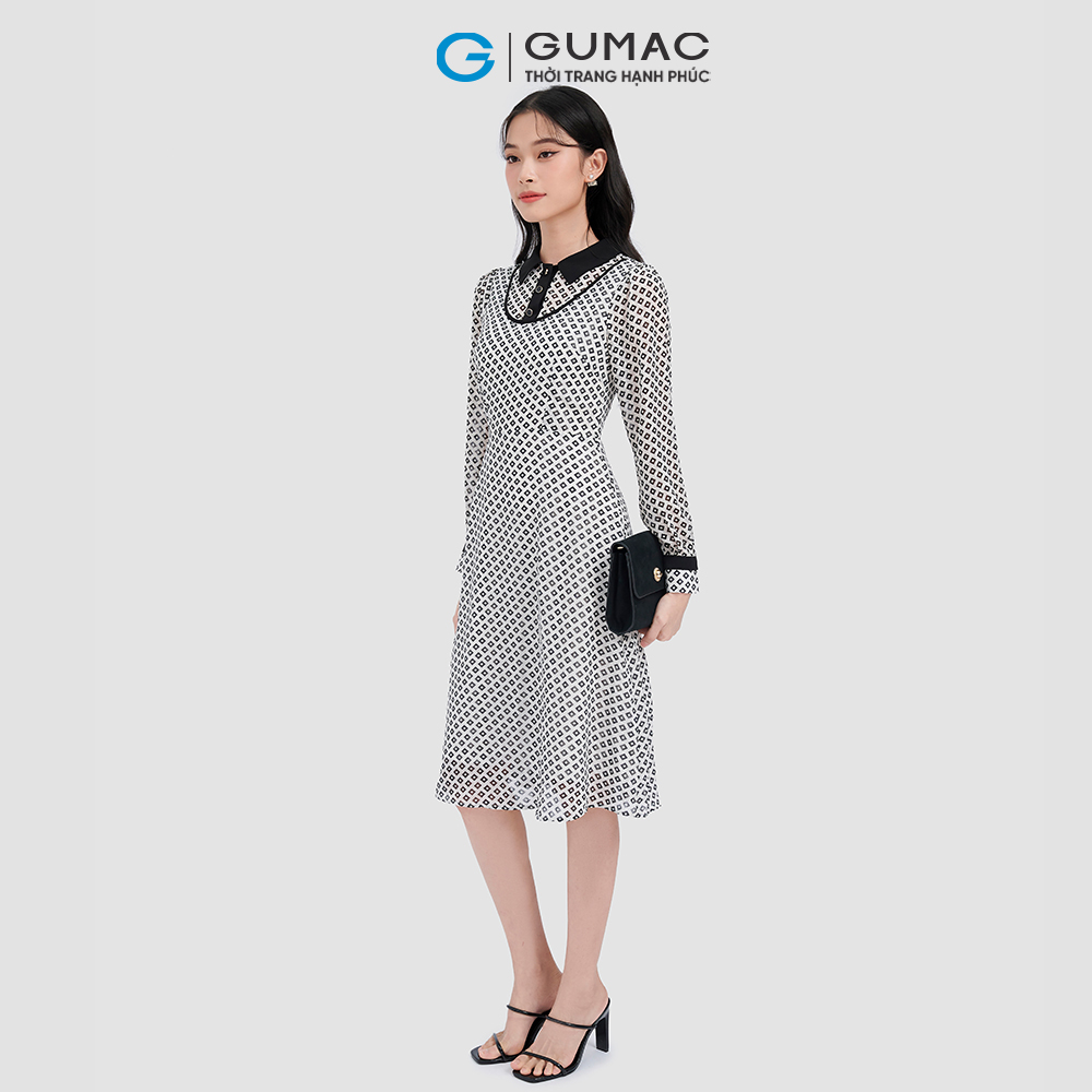 Đầm form A họa tiết phối cổ GUMAC DC09054