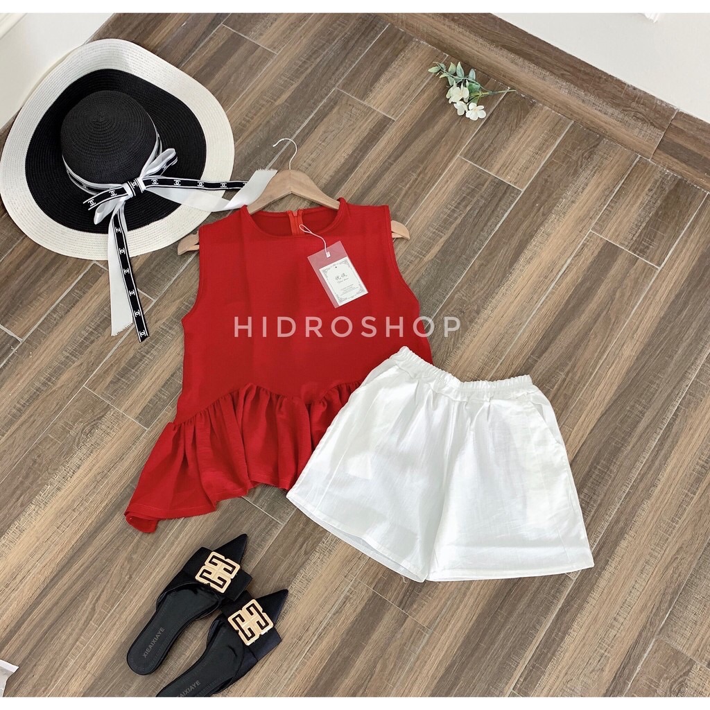 Sét áo bèo đỏ quần sooc trắng đũi