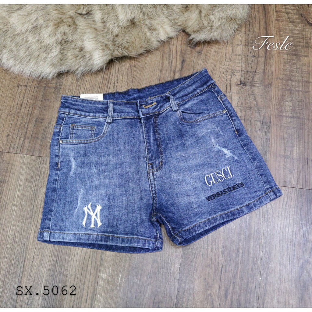 Quần Sooc Jeans Nữ Xanh Thêu Cạp Cao [ Ảnh Thật ]