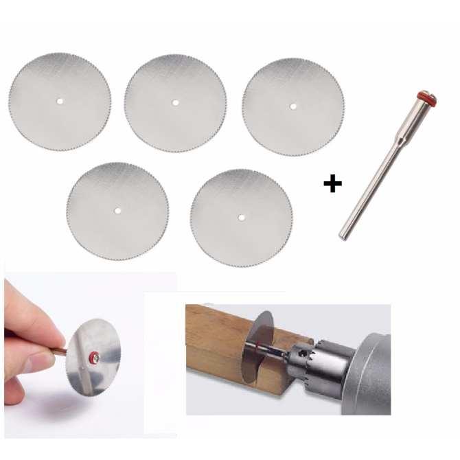 Bộ 5 dĩa cắt 32mm siêu mỏng bằng thép và 1 trục lắp 2.3mm cho khoan đa năng cầm tay mini (như Dremel, ACZ, motor 775, ...)
