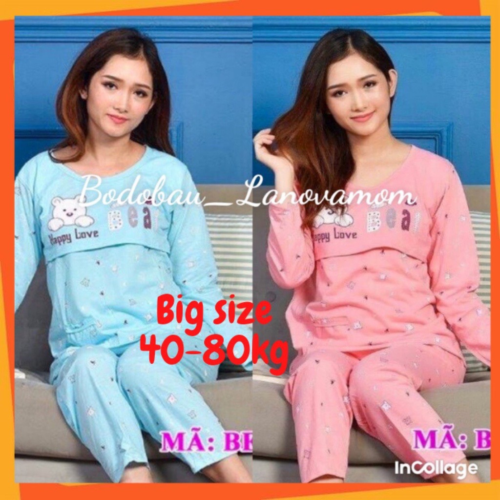 Đồ bộ bầu và sau sinh Dài tay GẤU vén ngực mặc nhà và cho bé bú