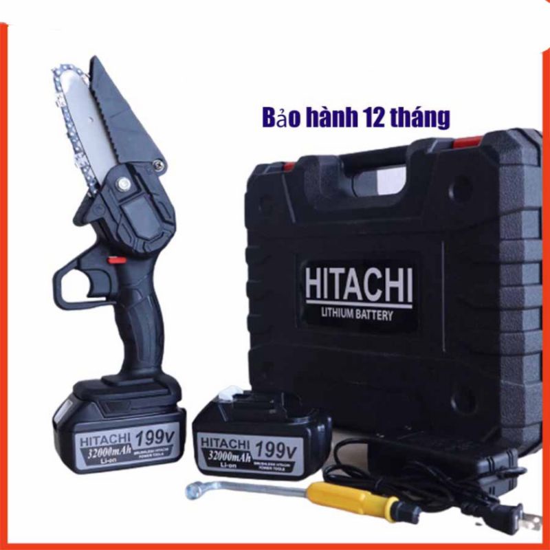 Máy cưa xích cầm tay, máy cưa mini dùng pin hitachi 199v cưa gỗ cầm tay máy siêu khỏe siêu bền bảo hành 12 tháng