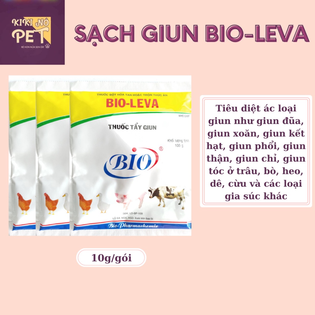 Xổ giun bio-leva gói 10g hiệu quả với giun đường ruột, giun mắt ở gia cầm, giun đũa, giun xoăn ở gia súc - kikino