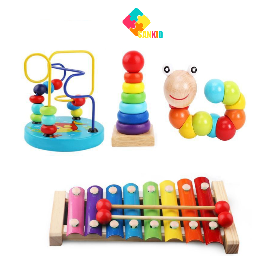 [Hoàn Tiền 10%]Combo đồ chơi gỗ- sâu- đàn-tháp-luồn hạt
