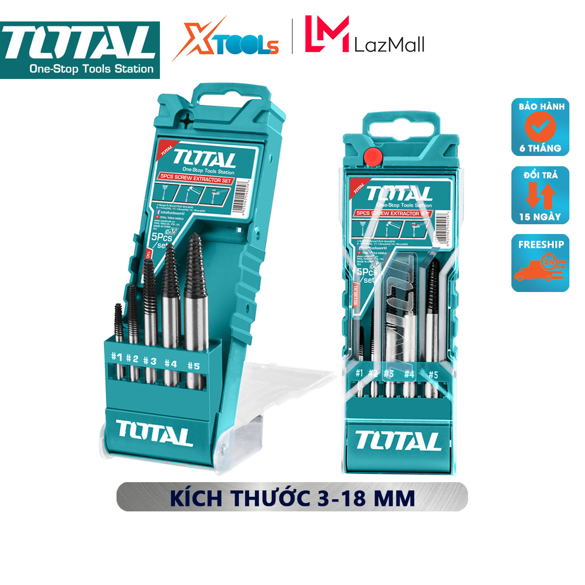 Bộ mũi taro lấy ốc gãy 5 chi tiết total tacse0056 | bộ 5 mũi ven răng 3-18mm đường kính: 11.2mm, chiều dài: 20cm dùng để lấy ốc ở kích thước 3 – 18mm một cách dễ dàng và nhanh chóng