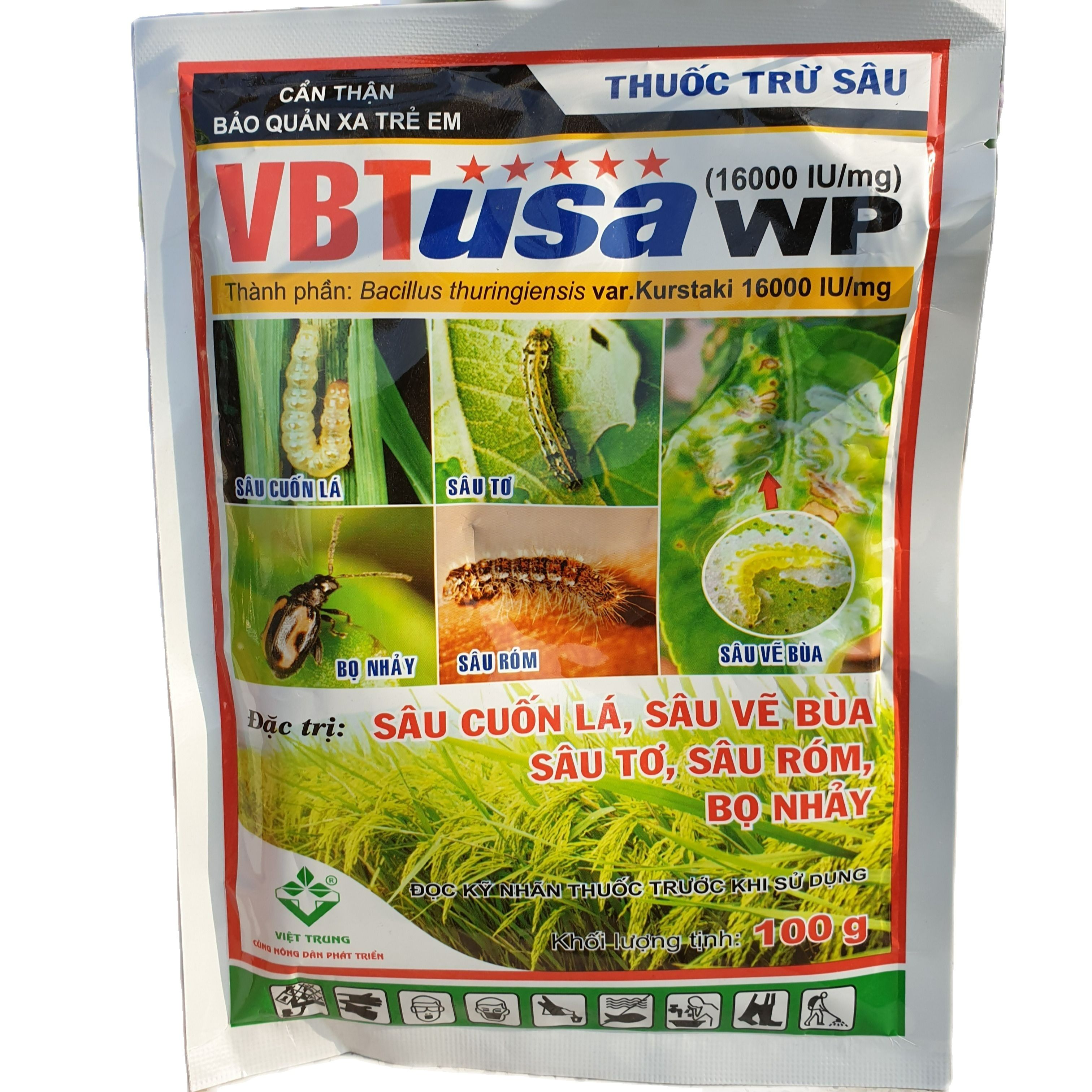 💎 Thuốc trừ sâu VBT USA (1600 lU/mg) WP (100g)💖 Đặc t rị: Bọ nhảy, Bọ trĩ, Sâu Cuốn Lá, sâu tơ.