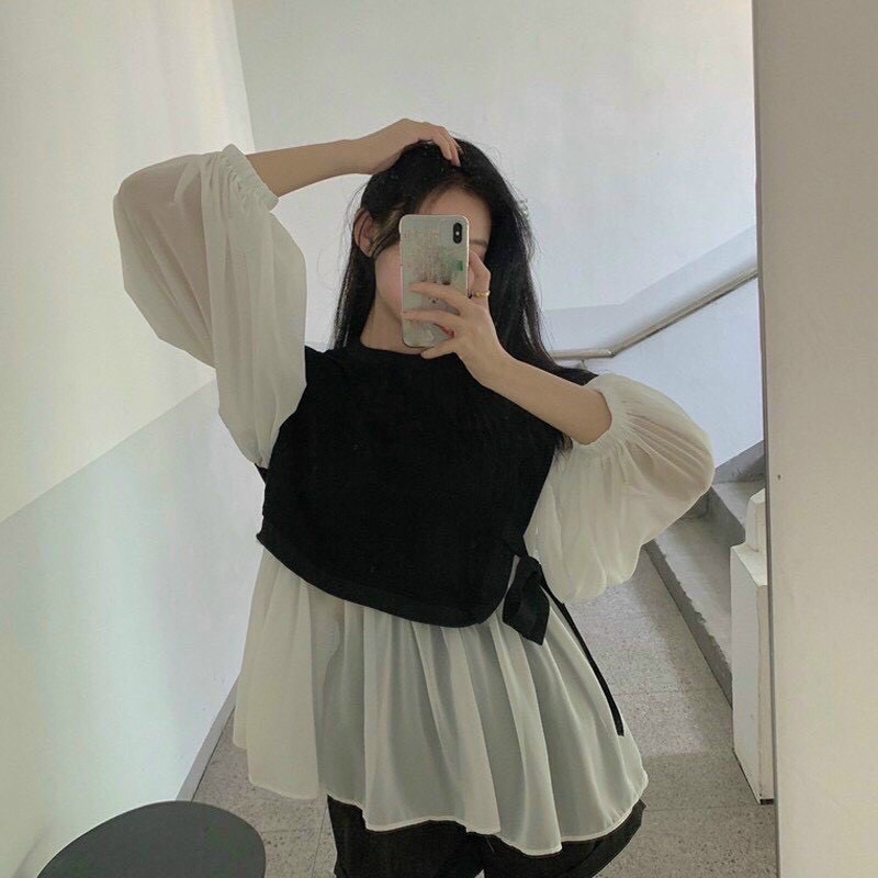 Áo peplum tay phồng phối ghile thắt eo