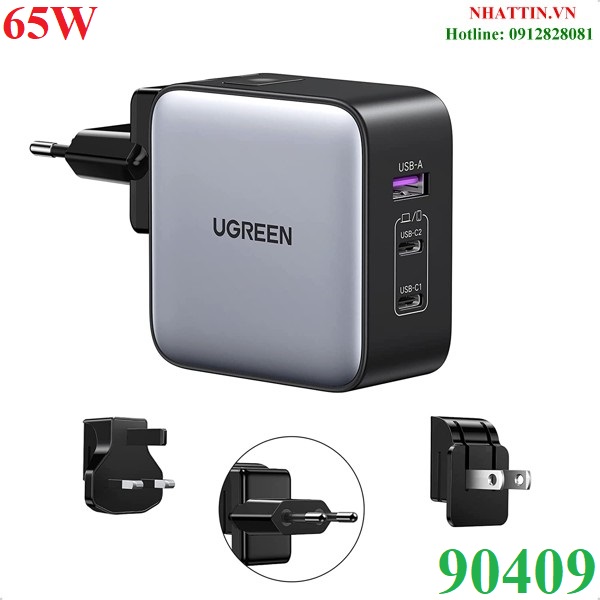 Củ sạc nhanh 65w gan 3 cổng usb type-c x2 usb type-a x1 hỗ trợ qc4+, pd3.0.. ugreen 90409 cao cấp