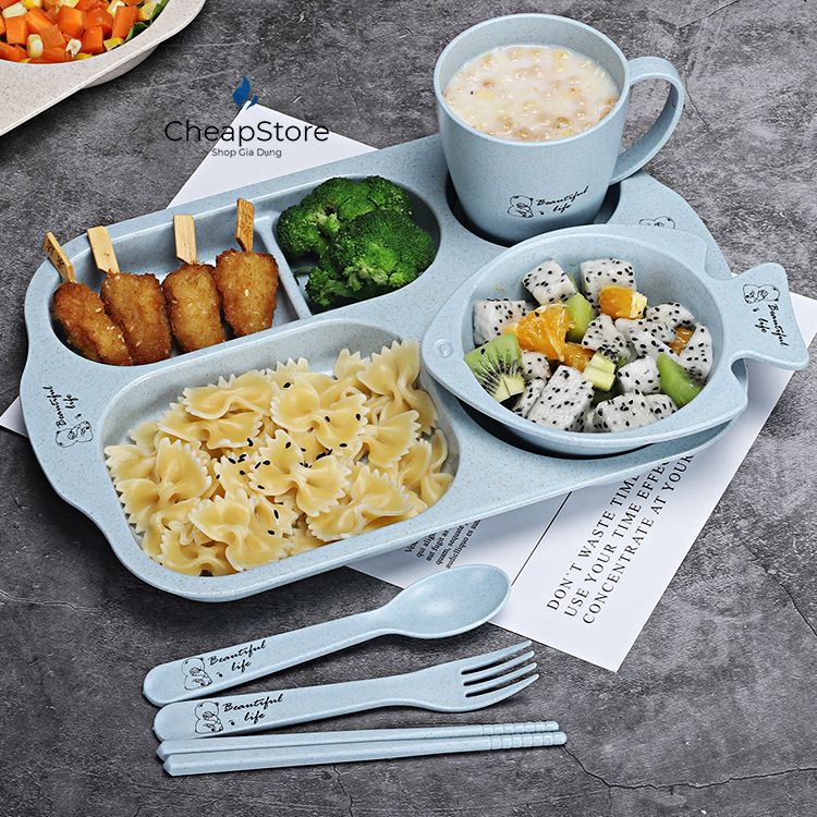 Bộ Khay ăn dặm lúa mạch hình cá, Bát ăn dặm lúa mạch 6 món,  Dĩa Chén tập ăn cho bé  ( Khay, Ly, Bát, Thìa, Nĩa, Đũa )