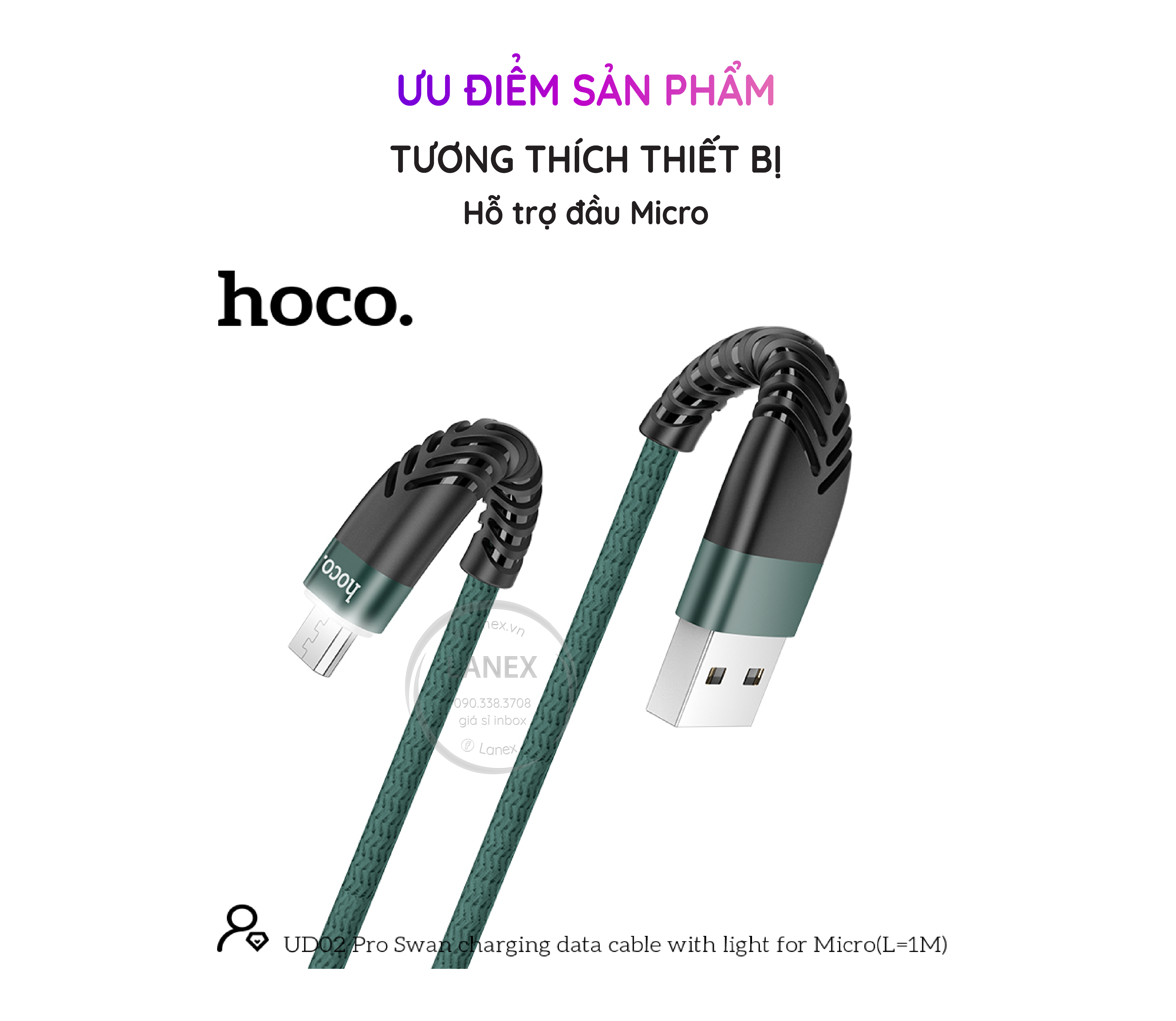 Cáp Sạc Nhanh Hoco Ud02 Pro Dây Dù Có Led Micro 3.0a Dài 1.0m