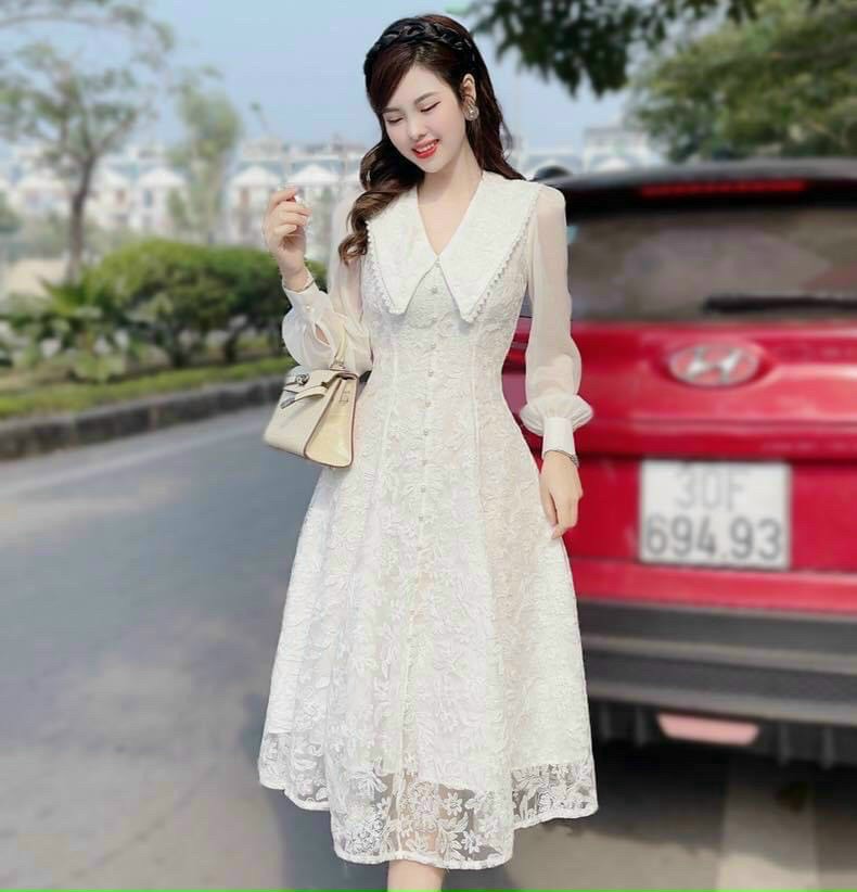 Đầm thiết kế sang chảnh cổ bèo dáng xòe chất ren diụ dàng đi chơi đi dự tiệc
